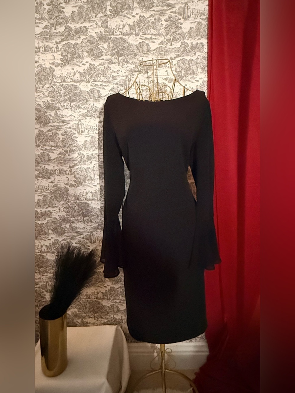 Calvin Klein Black Sheath Dress with Sheer Bell Sleeves | Size 16